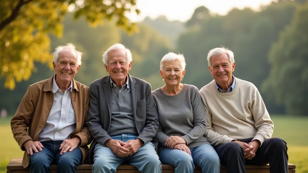 Senioru grupa sēž uz sola, skatoties uz skatu, smaidot savā starpā, dabiska gaisma